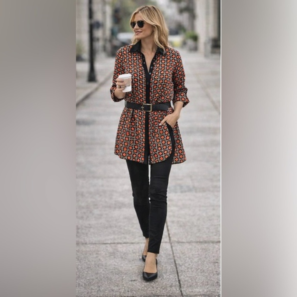 🧡Michael Kors shirt dress w/geometric print. Black/orange tones, classic collar